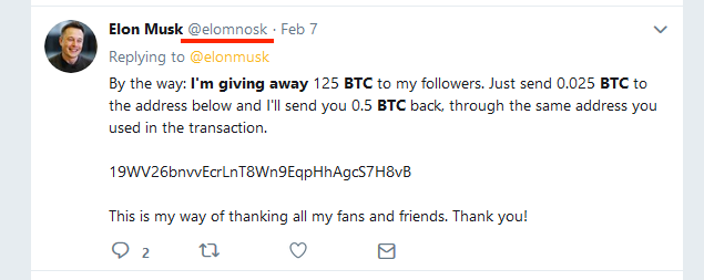 A fake tweet from supposedly Elon Musk for a scam. 