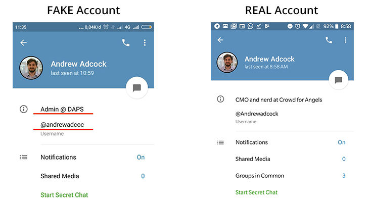 An image showing 2 telegram accounts - the left image is fake and the right is real