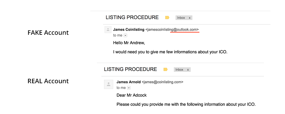 An image showing a fake and real email exchange